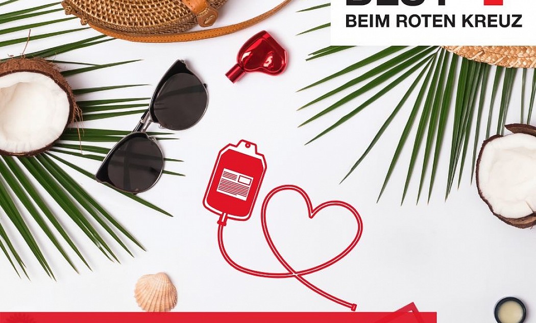 Grafik mit Gegenständen, die mit dem Sommer assoziiert werden (Sonnebrille, Tasche). Dazu ein Blutbeutel.