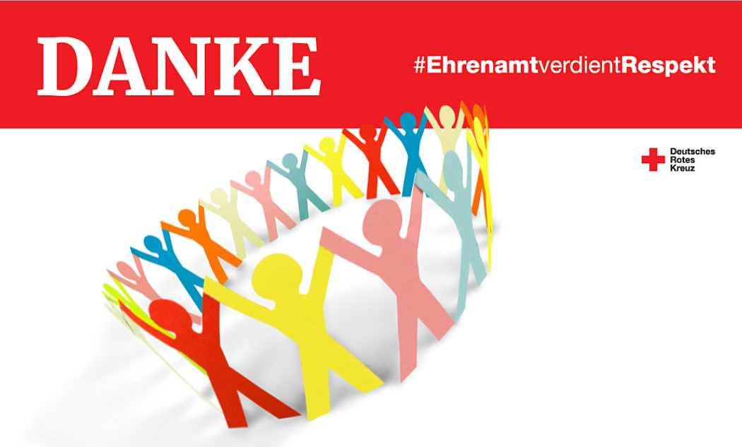 Banner für den Tag des Ehrenamts. Bunte Figuren stehen in einem Kreis und recken die Hände in die Luft. Als Überschrift ist groß "Danke" zu sehen.