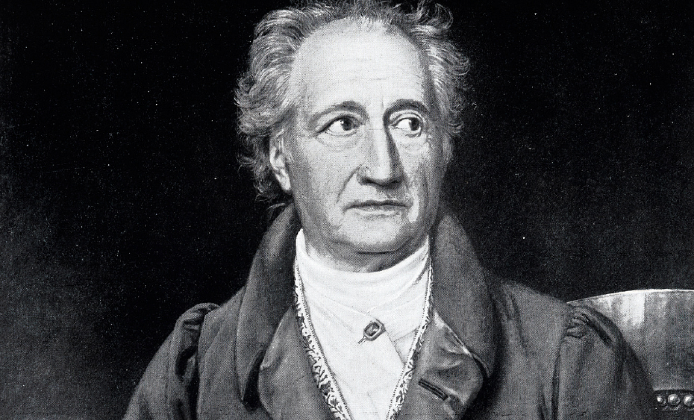 Auf diesem Bild ist ein Porträt von Johann Wolfgang von Goethe in Schwarz/Weiß zu sehen