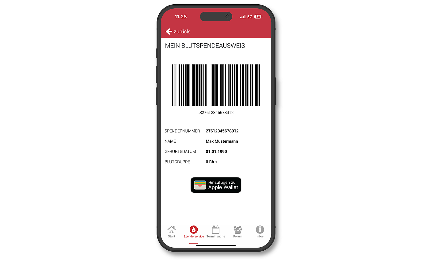 Blutspendeausweis in der App
