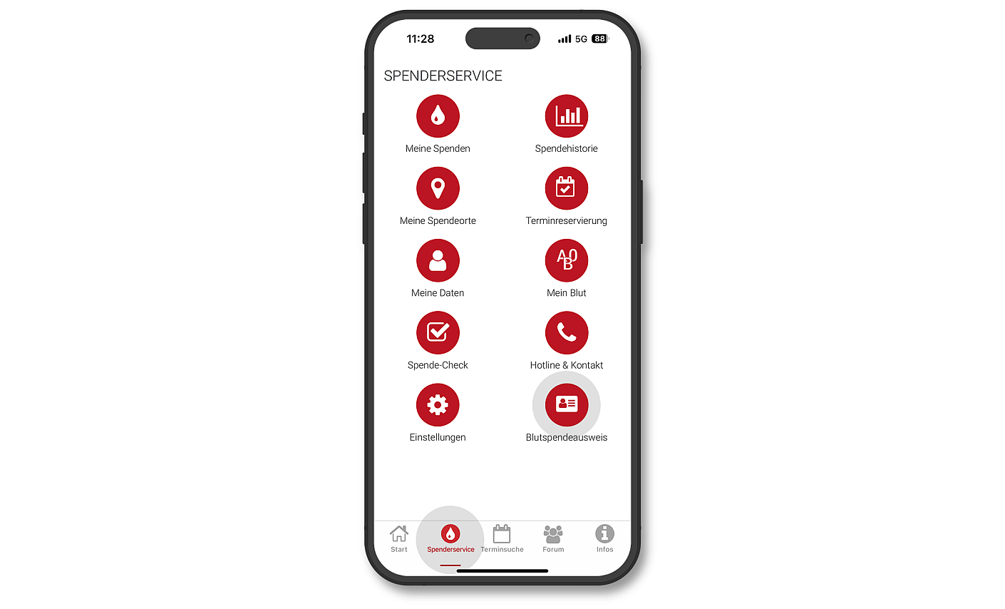 Menü der Blutspende-App mit Ausweis