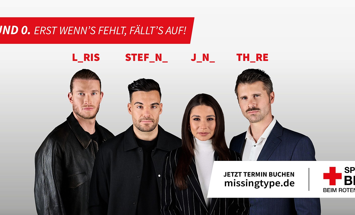 Diese vier Prominenten engagieren sich in diesem Jahr als Blutspendebotschafter*innen für die missingtype Kampagne. V.l.n.r.: Loris Karius, Stefano Zarrella, Jana Wosnitza und Thore Schölermann. ©DRK-Blutspendedienste 