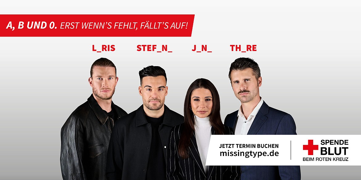 Diese vier Prominenten engagieren sich in diesem Jahr als Blutspendebotschafter*innen für die missingtype Kampagne. V.l.n.r.: Loris Karius, Stefano Zarrella, Jana Wosnitza und Thore Schölermann. ©DRK-Blutspendedienste 