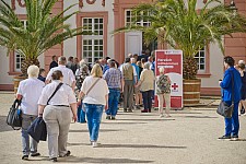 Zeigt das Schloss Biebrich und Personen, die sich dem Eingang nähern