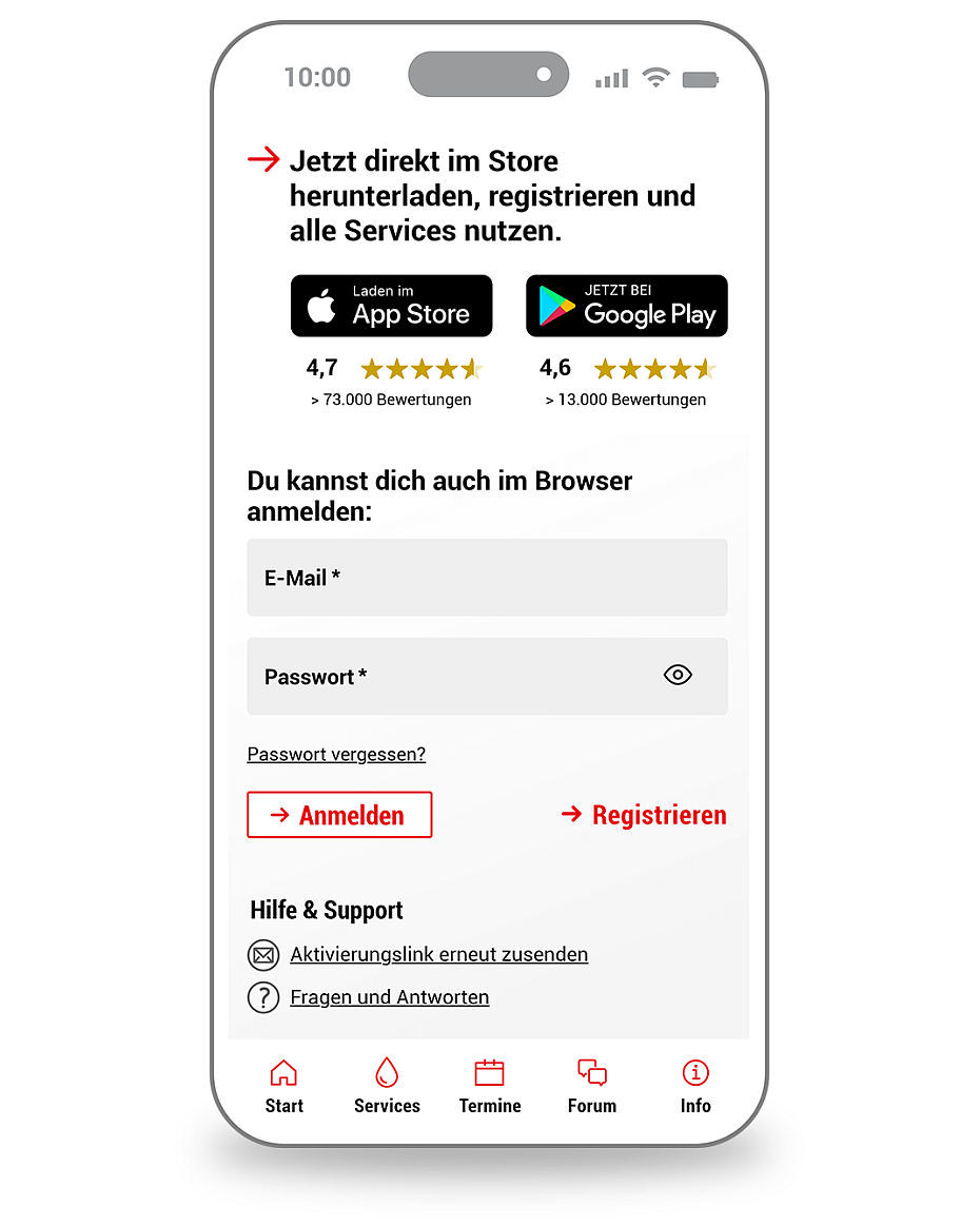 Vorschau auf den Anmeldescreen der App