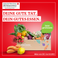 Braune Papierbox mit Gemüse auf rotem Hintergrund, darüber: "Deine gute Tat, dein gutes Essen"