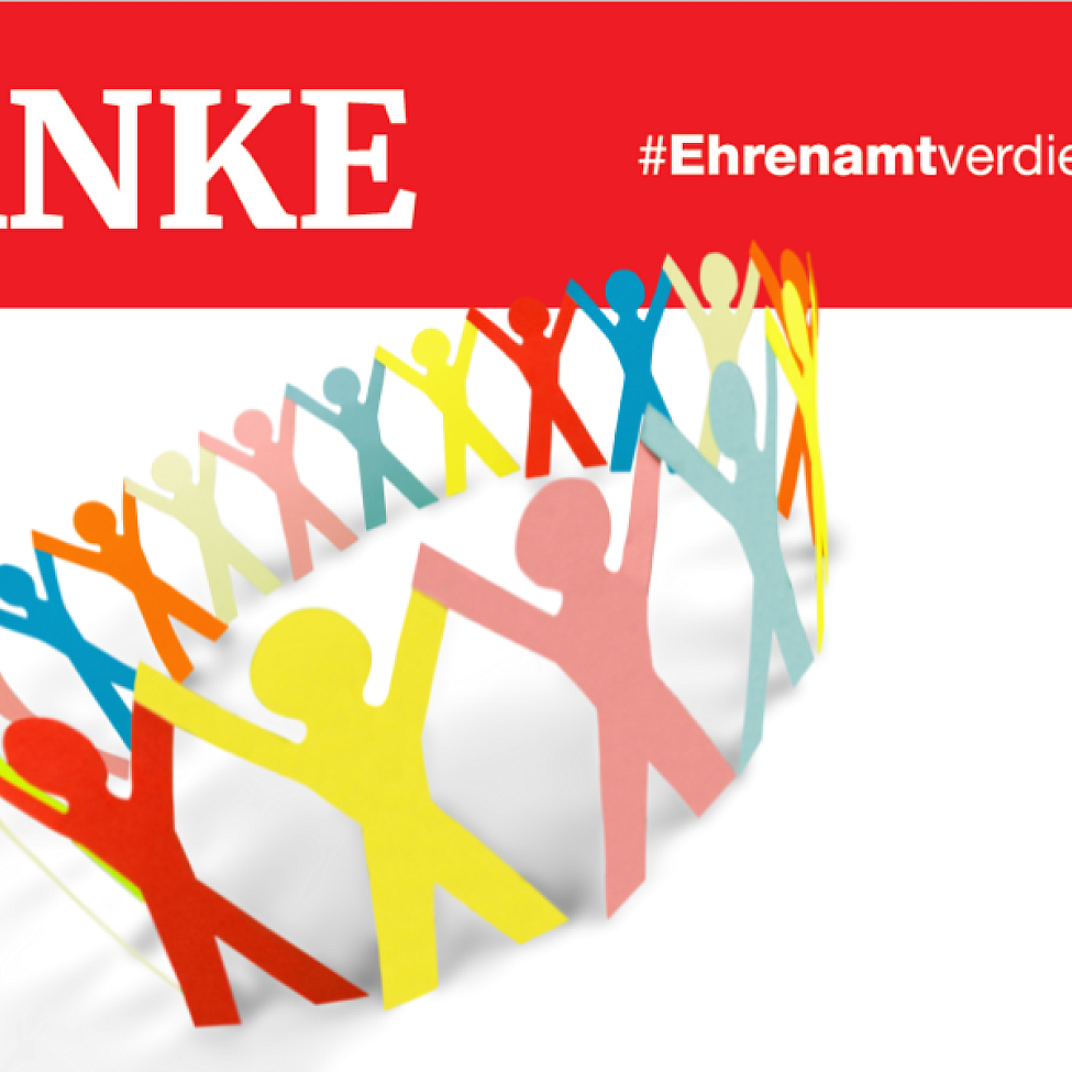 Banner für den Tag des Ehrenamts. Bunte Figuren stehen in einem Kreis und recken die Hände in die Luft. Als Überschrift ist groß "Danke" zu sehen.