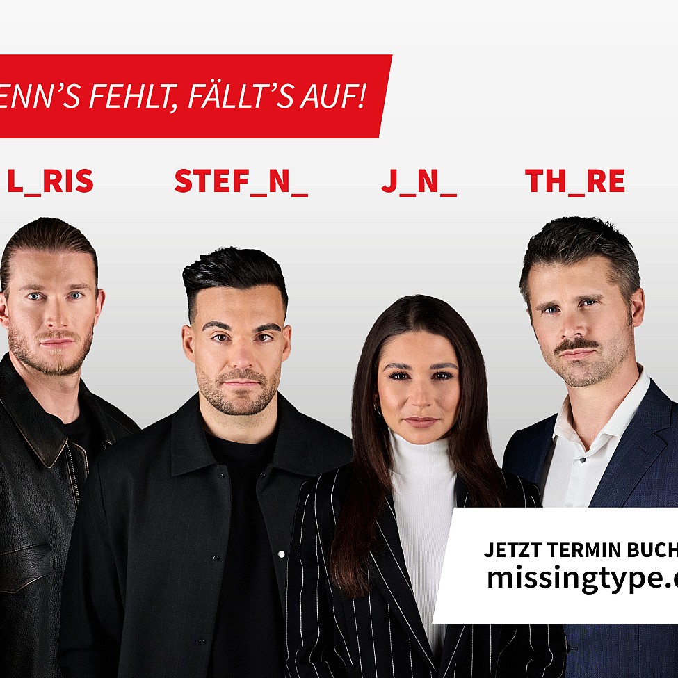 Diese vier Prominenten engagieren sich in diesem Jahr als Blutspendebotschafter*innen für die missingtype Kampagne. V.l.n.r.: Loris Karius, Stefano Zarrella, Jana Wosnitza und Thore Schölermann. ©DRK-Blutspendedienste 
